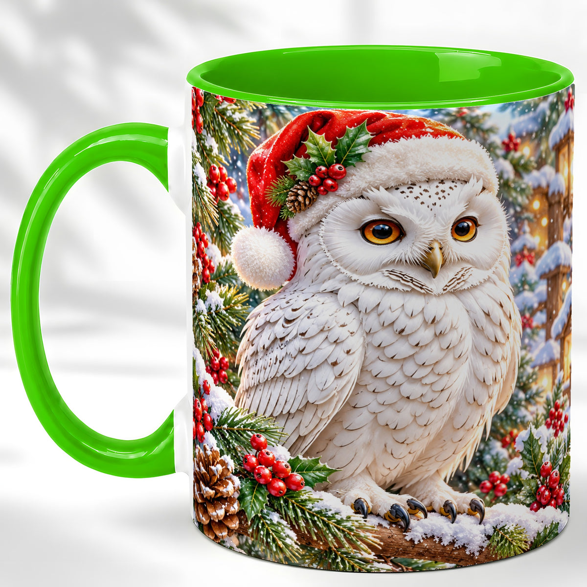 #pl[11oz|Green] Snowy Village Owl Coffee Mug, Christmas Owl Mug, Ceramic Cup