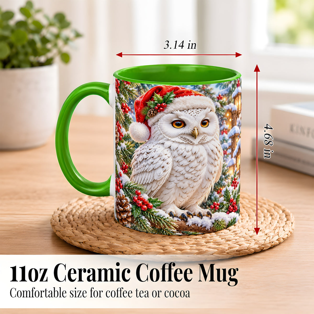 #pl[11oz|Green] Snowy Village Owl Coffee Mug, Christmas Owl Mug, Ceramic Cup