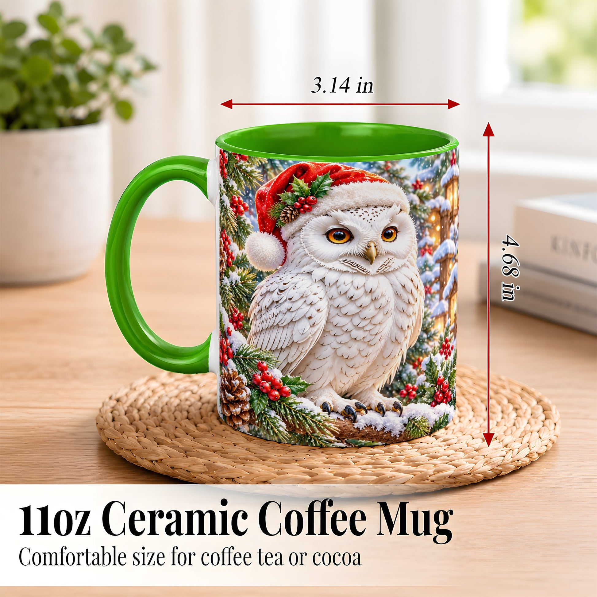 #pl[11oz|Green] Snowy Village Owl Coffee Mug, Christmas Owl Mug, Ceramic Cup