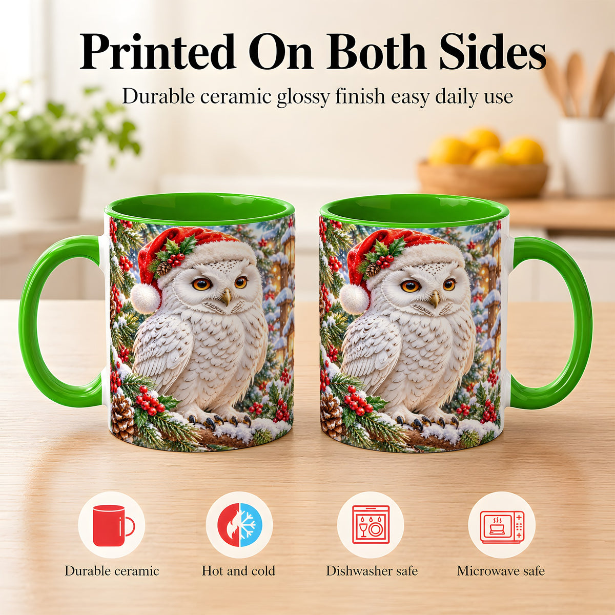 #pl[11oz|Green] Snowy Village Owl Coffee Mug, Christmas Owl Mug, Ceramic Cup