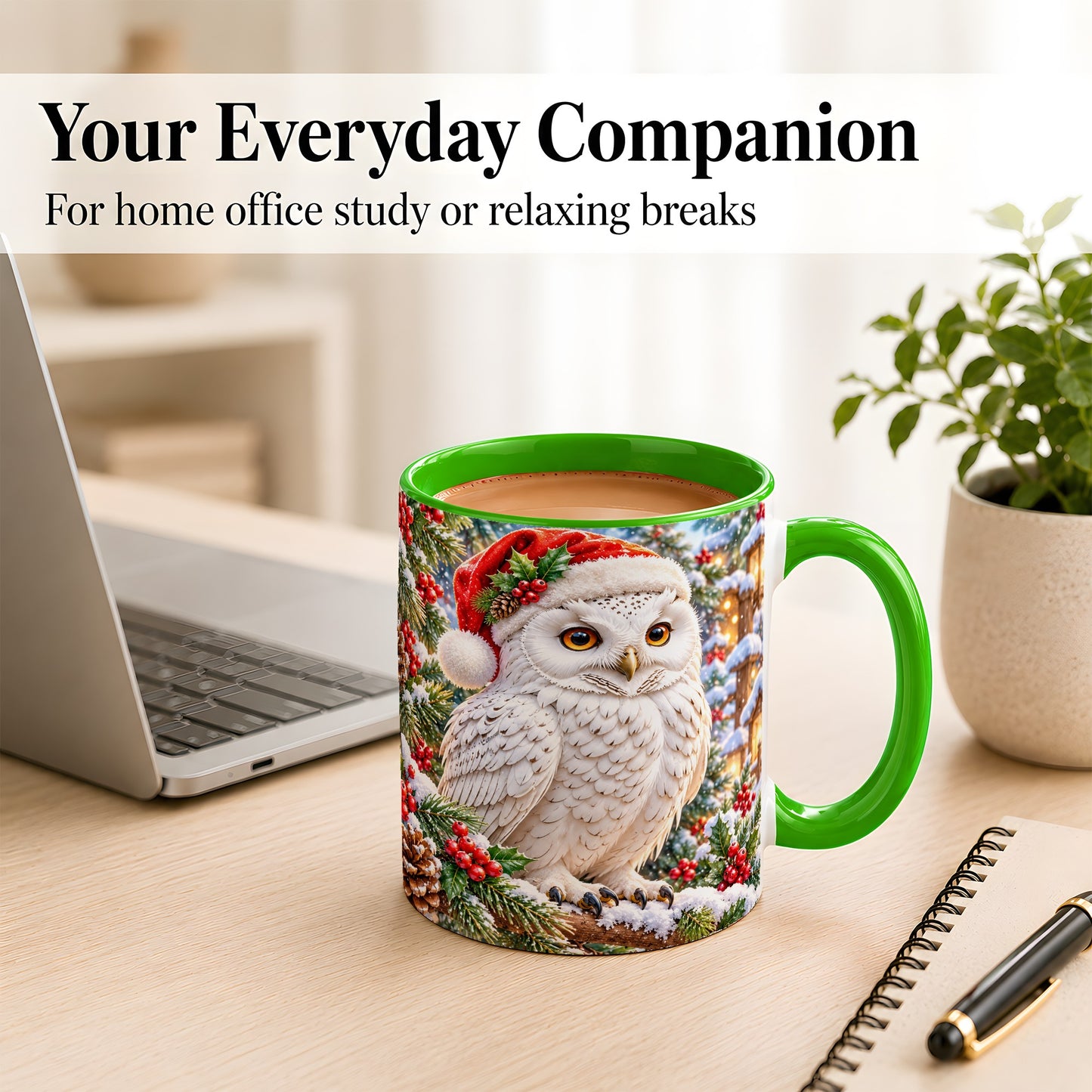 #pl[11oz|Green] Snowy Village Owl Coffee Mug, Christmas Owl Mug, Ceramic Cup