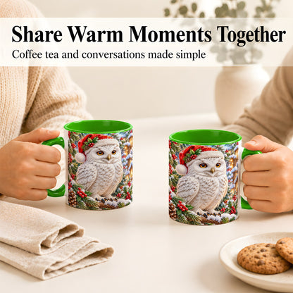 #pl[11oz|Green] Snowy Village Owl Coffee Mug, Christmas Owl Mug, Ceramic Cup