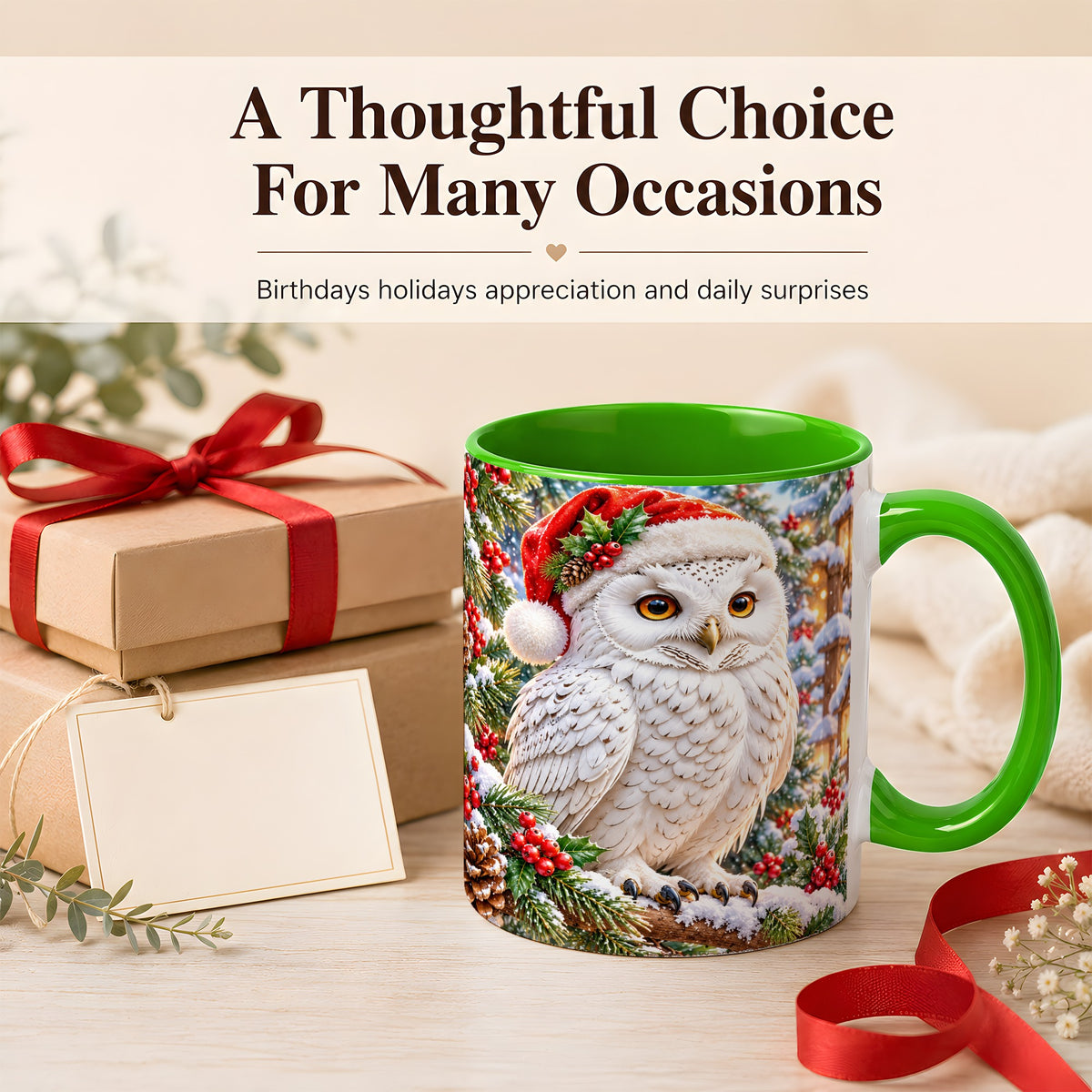 #pl[11oz|Green] Snowy Village Owl Coffee Mug, Christmas Owl Mug, Ceramic Cup