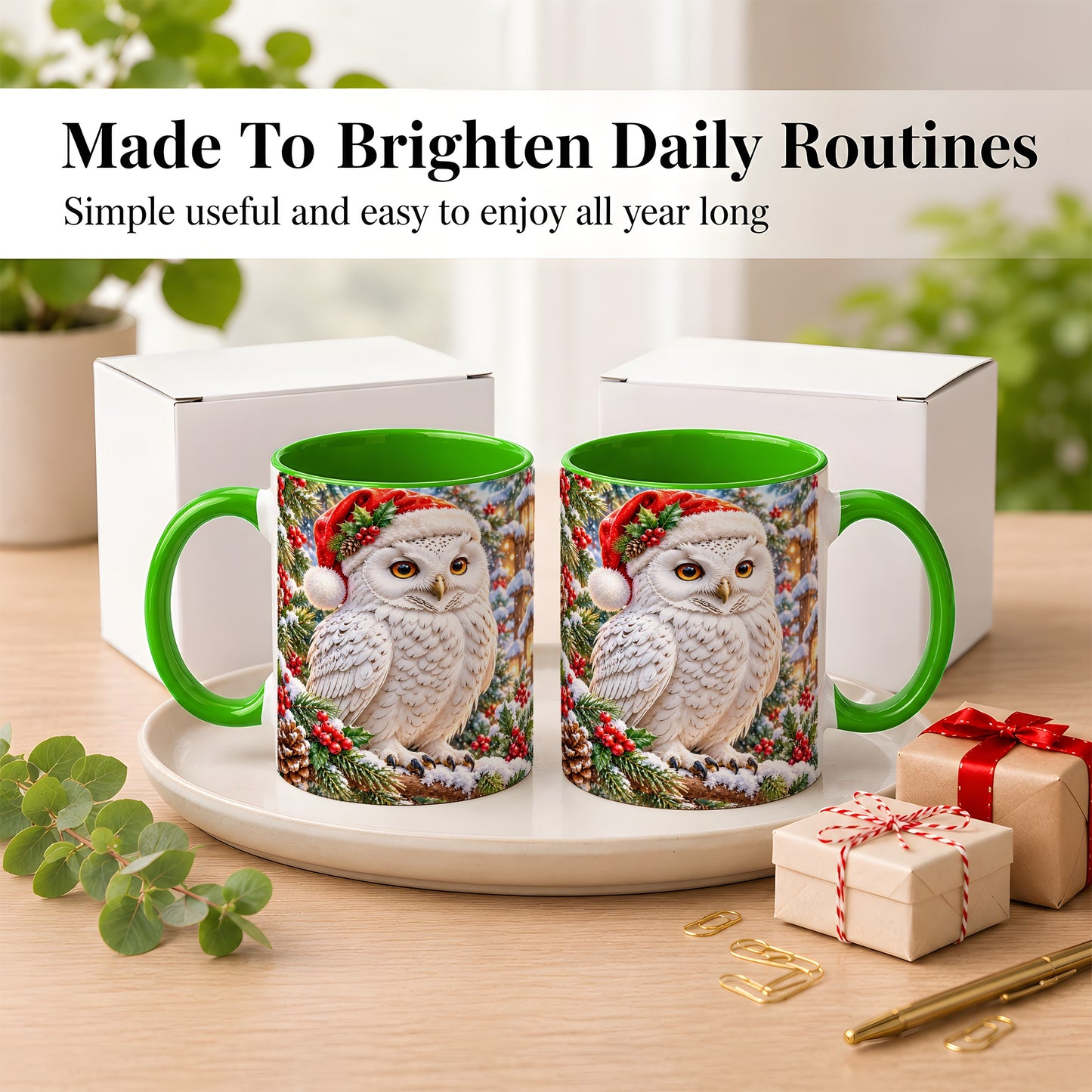 #pl[11oz|Green] Snowy Village Owl Coffee Mug, Christmas Owl Mug, Ceramic Cup