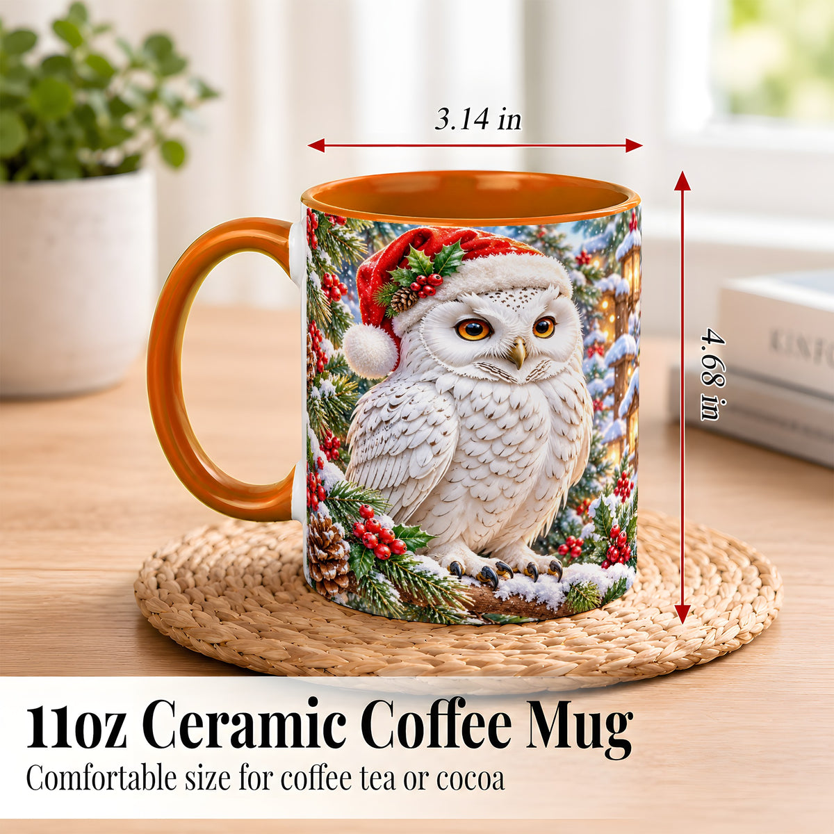#pl[11oz|Orange] Snowy Village Owl Coffee Mug, Christmas Owl Mug, Ceramic Cup