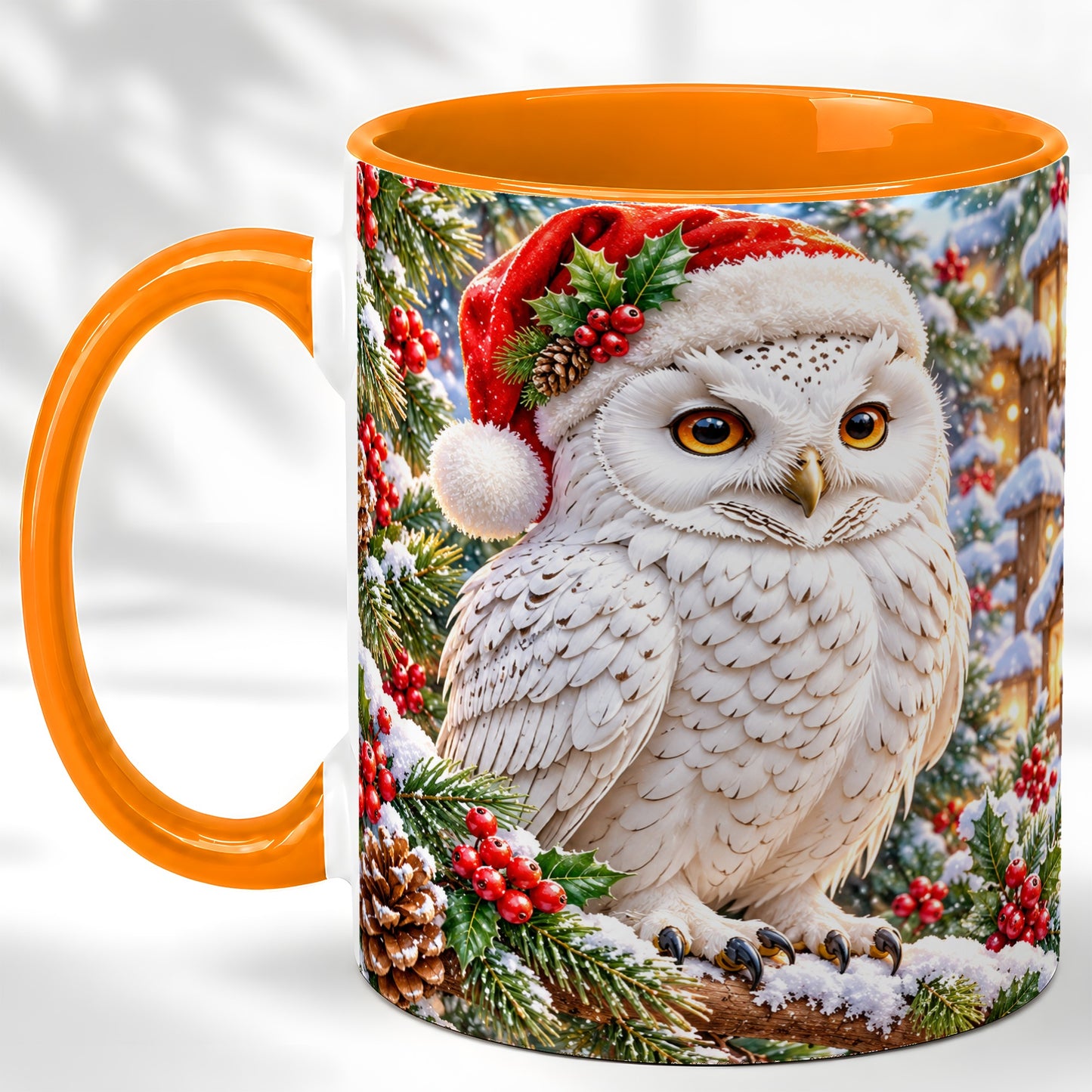 #pl[11oz|Orange] Snowy Village Owl Coffee Mug, Christmas Owl Mug, Ceramic Cup