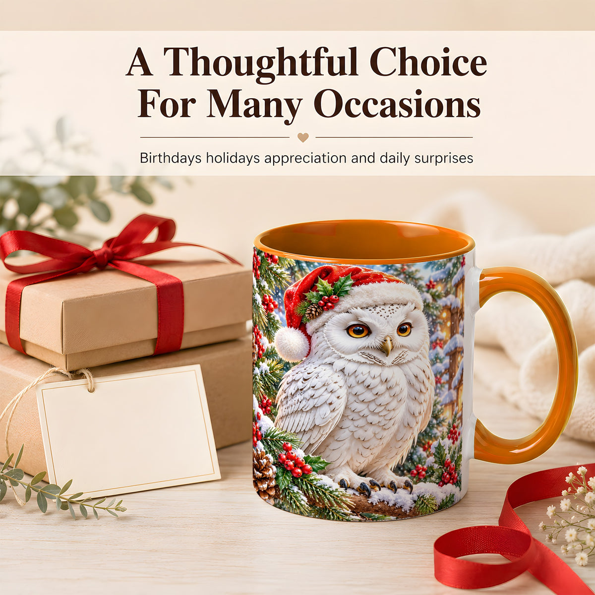 #pl[11oz|Orange] Snowy Village Owl Coffee Mug, Christmas Owl Mug, Ceramic Cup