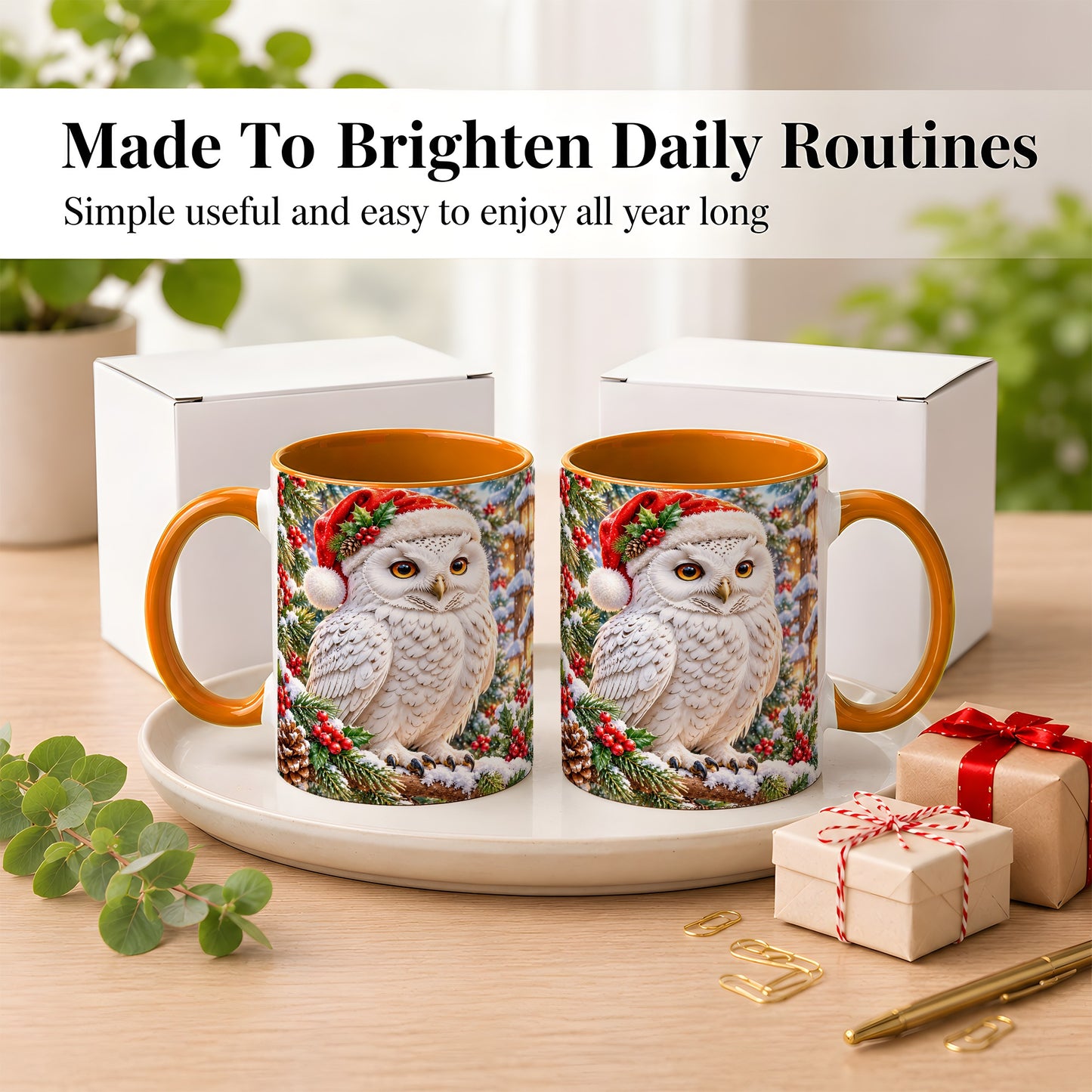 #pl[11oz|Orange] Snowy Village Owl Coffee Mug, Christmas Owl Mug, Ceramic Cup