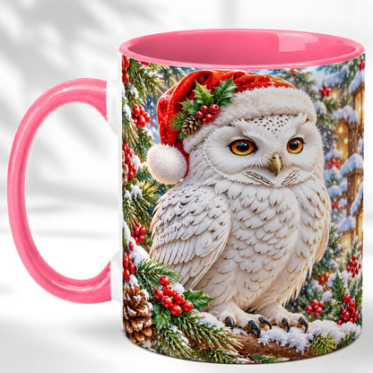 #pl[11oz|Pink] Snowy Village Owl Coffee Mug, Christmas Owl Mug, Ceramic Cup