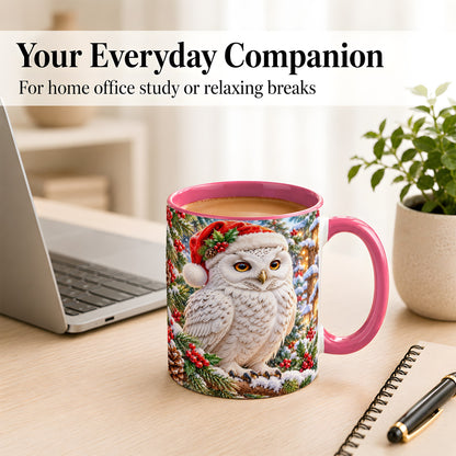 #pl[11oz|Pink] Snowy Village Owl Coffee Mug, Christmas Owl Mug, Ceramic Cup