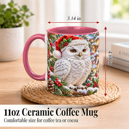 #pl[11oz|Pink] Snowy Village Owl Coffee Mug, Christmas Owl Mug, Ceramic Cup
