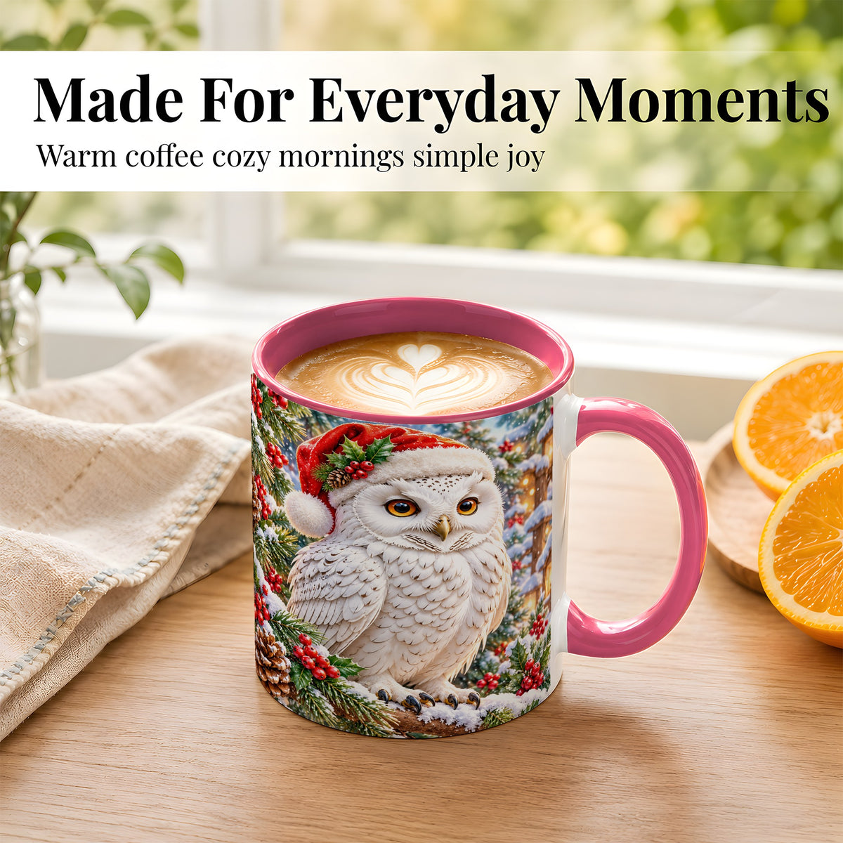 #pl[11oz|Pink] Snowy Village Owl Coffee Mug, Christmas Owl Mug, Ceramic Cup