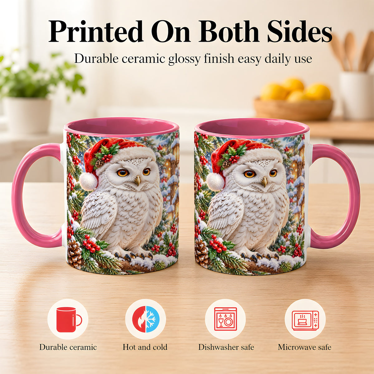#pl[11oz|Pink] Snowy Village Owl Coffee Mug, Christmas Owl Mug, Ceramic Cup
