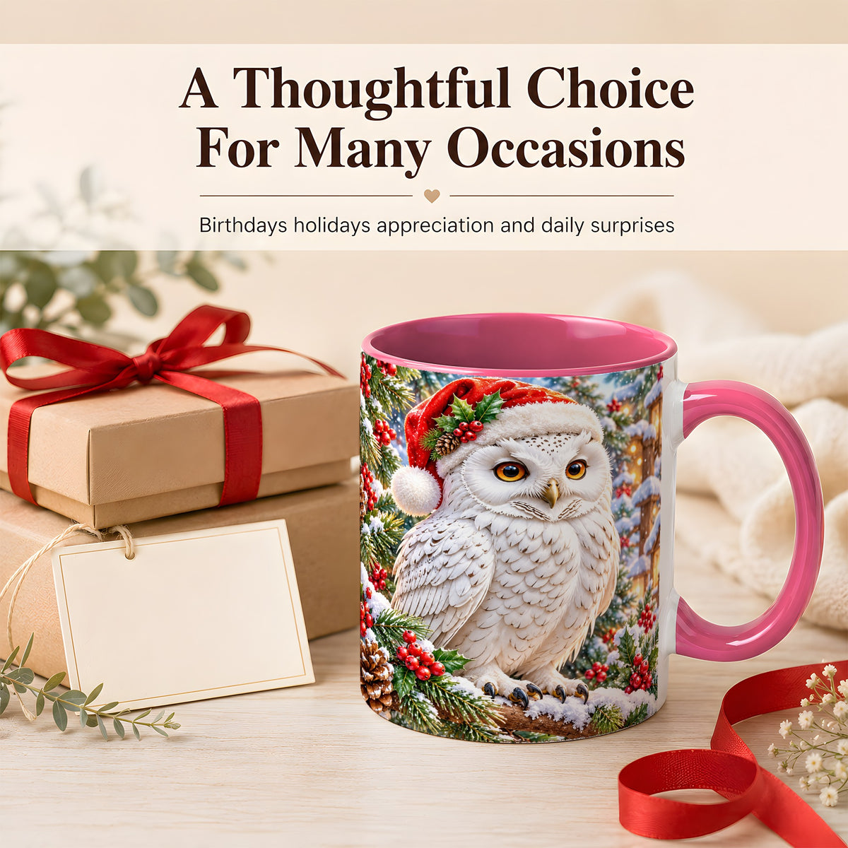 #pl[11oz|Pink] Snowy Village Owl Coffee Mug, Christmas Owl Mug, Ceramic Cup
