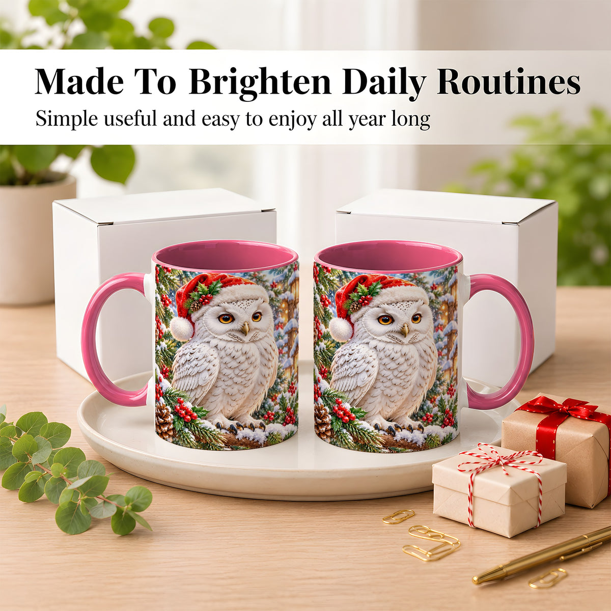 #pl[11oz|Pink] Snowy Village Owl Coffee Mug, Christmas Owl Mug, Ceramic Cup