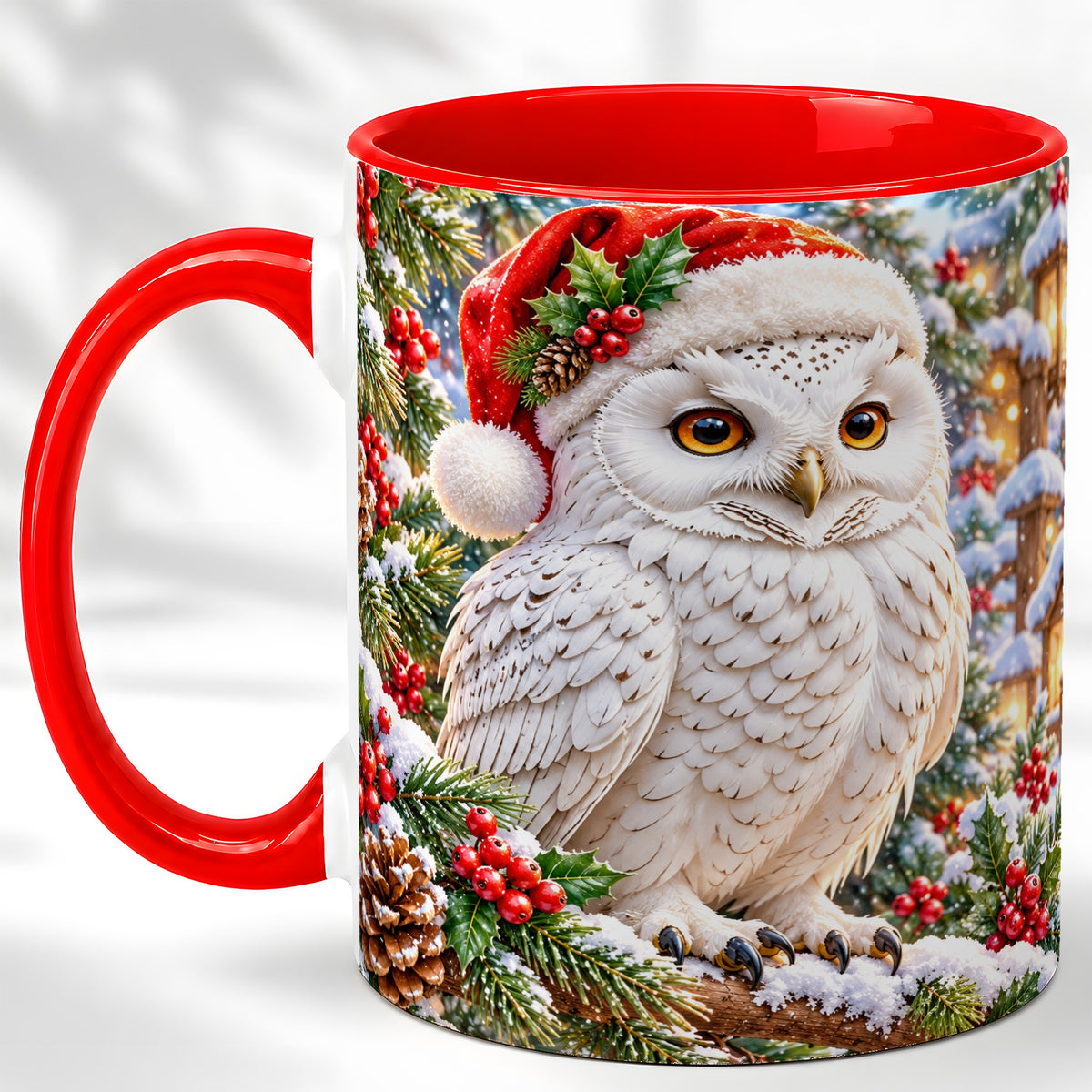 Snowy Village Owl Coffee Mug, Christmas Owl Mug, Ceramic Cup