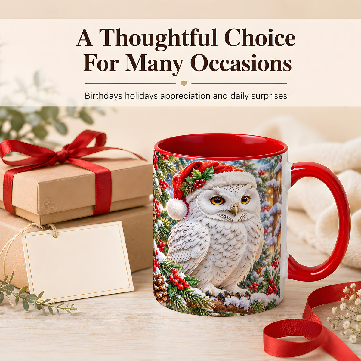 #pl[11oz|Red] Snowy Village Owl Coffee Mug, Christmas Owl Mug, Ceramic Cup