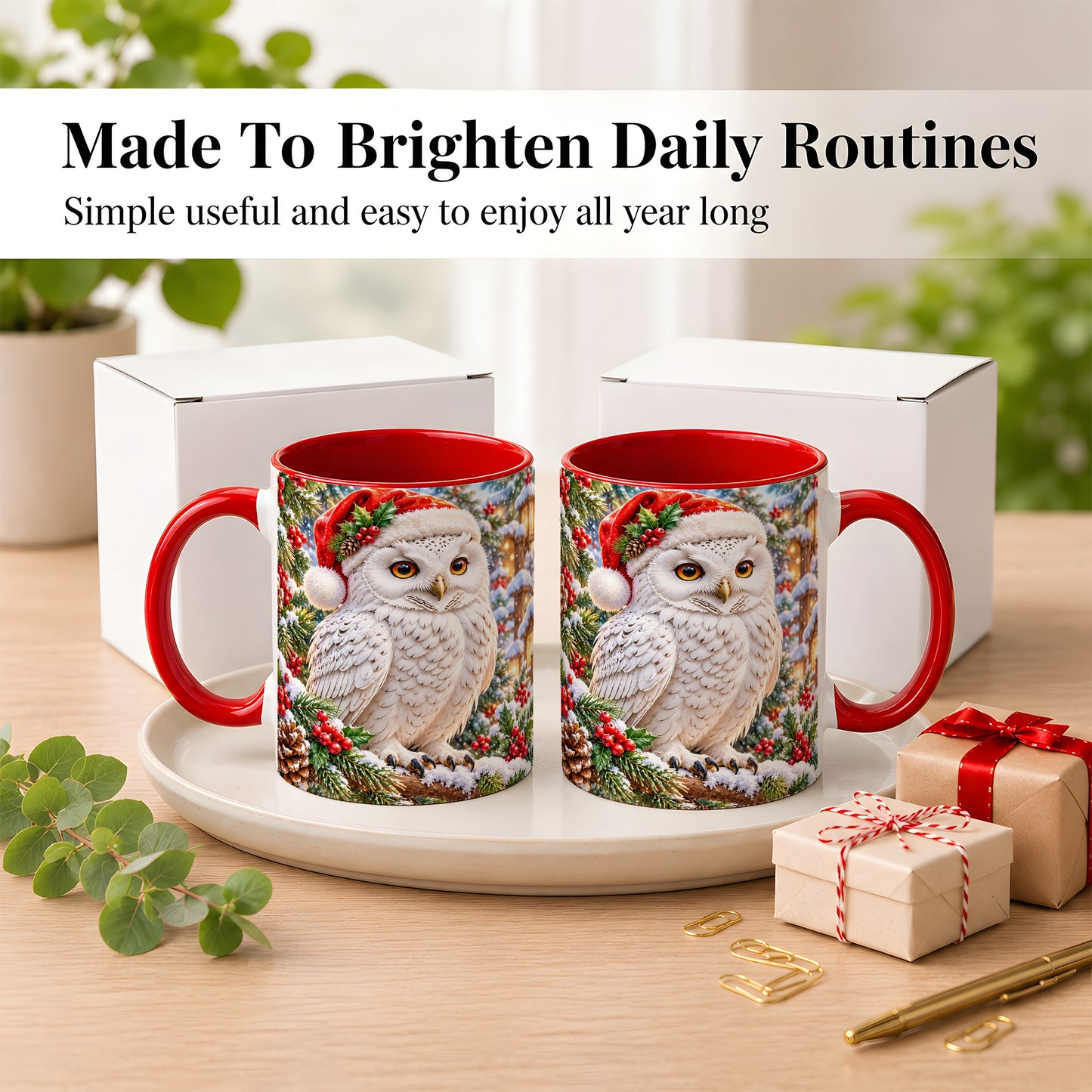 #pl[11oz|Red] Snowy Village Owl Coffee Mug, Christmas Owl Mug, Ceramic Cup