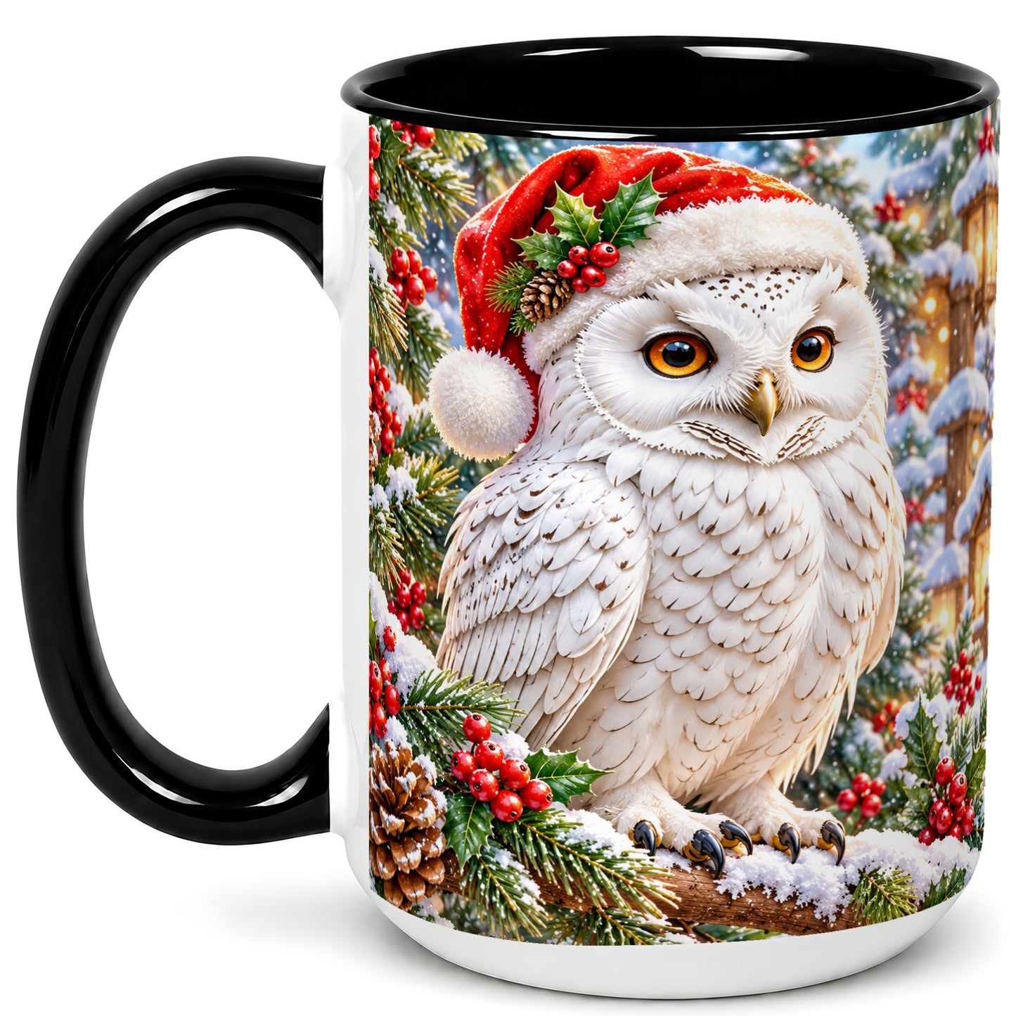 #pl[15oz|Black] Snowy Village Owl Coffee Mug, Christmas Owl Mug, Ceramic Cup