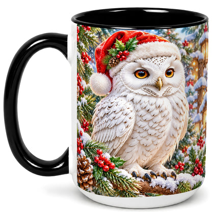 #pl[15oz|Black] Snowy Village Owl Coffee Mug, Christmas Owl Mug, Ceramic Cup