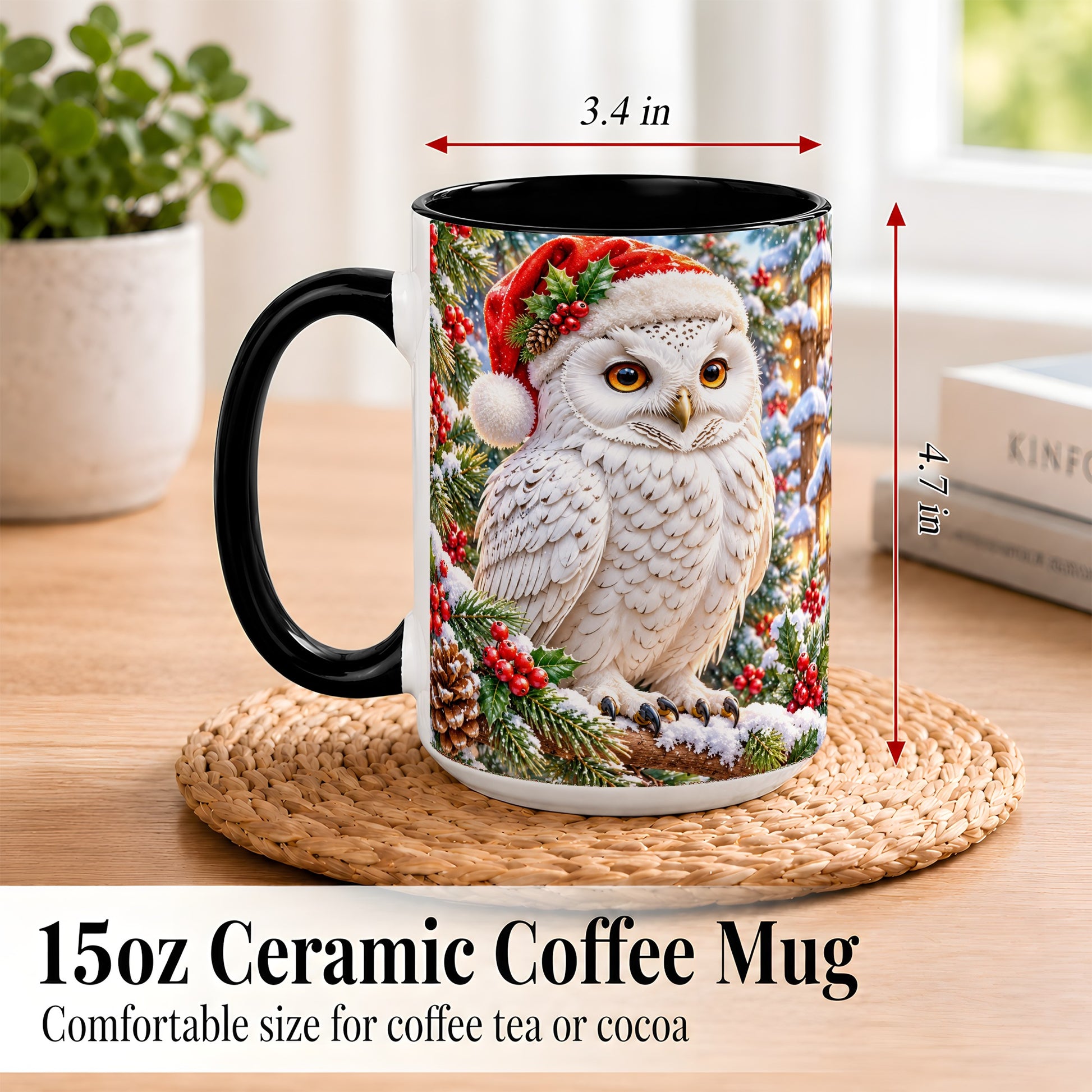 #pl[15oz|Black] Snowy Village Owl Coffee Mug, Christmas Owl Mug, Ceramic Cup