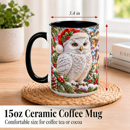 #pl[15oz|Black] Snowy Village Owl Coffee Mug, Christmas Owl Mug, Ceramic Cup