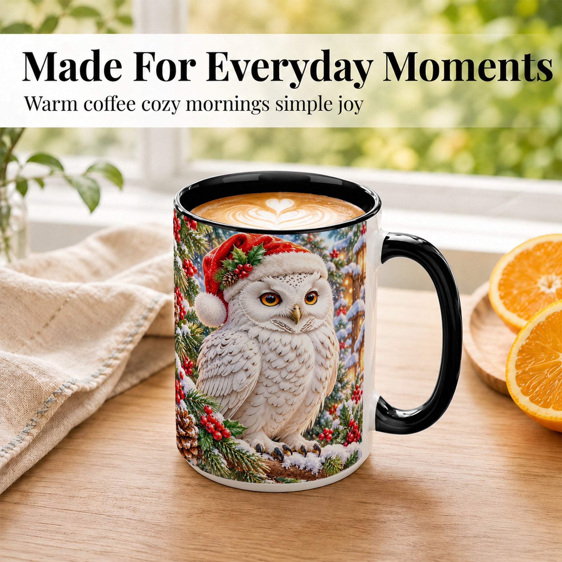 #pl[15oz|Black] Snowy Village Owl Coffee Mug, Christmas Owl Mug, Ceramic Cup