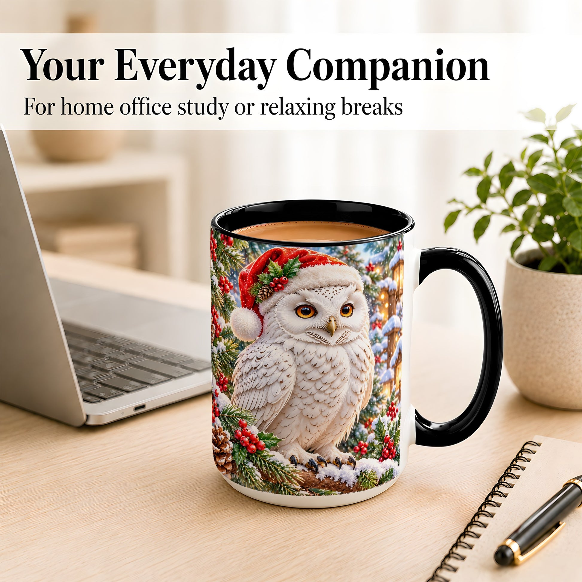 #pl[15oz|Black] Snowy Village Owl Coffee Mug, Christmas Owl Mug, Ceramic Cup