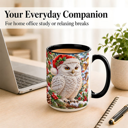 #pl[15oz|Black] Snowy Village Owl Coffee Mug, Christmas Owl Mug, Ceramic Cup