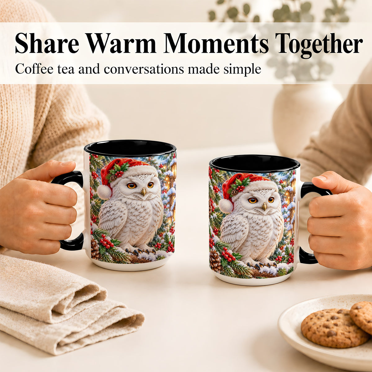 #pl[15oz|Black] Snowy Village Owl Coffee Mug, Christmas Owl Mug, Ceramic Cup