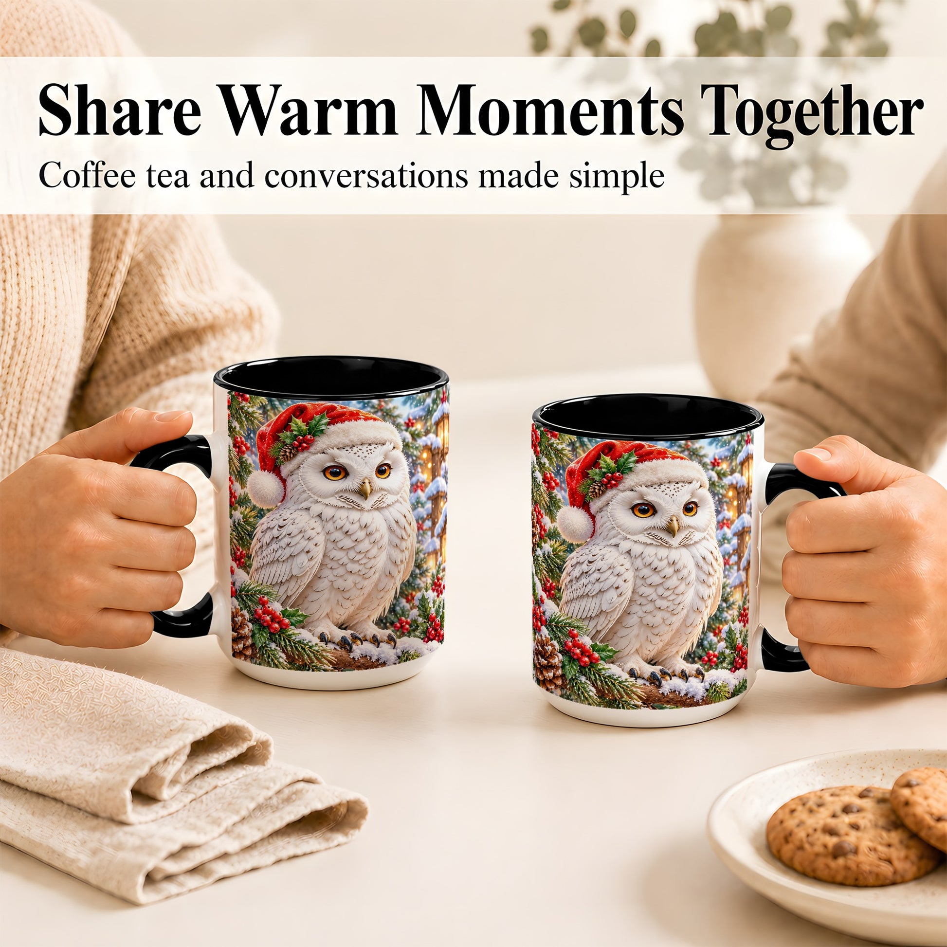 #pl[15oz|Black] Snowy Village Owl Coffee Mug, Christmas Owl Mug, Ceramic Cup