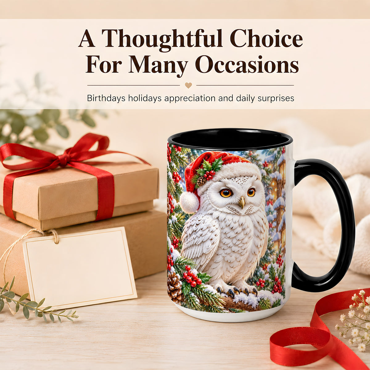 #pl[15oz|Black] Snowy Village Owl Coffee Mug, Christmas Owl Mug, Ceramic Cup
