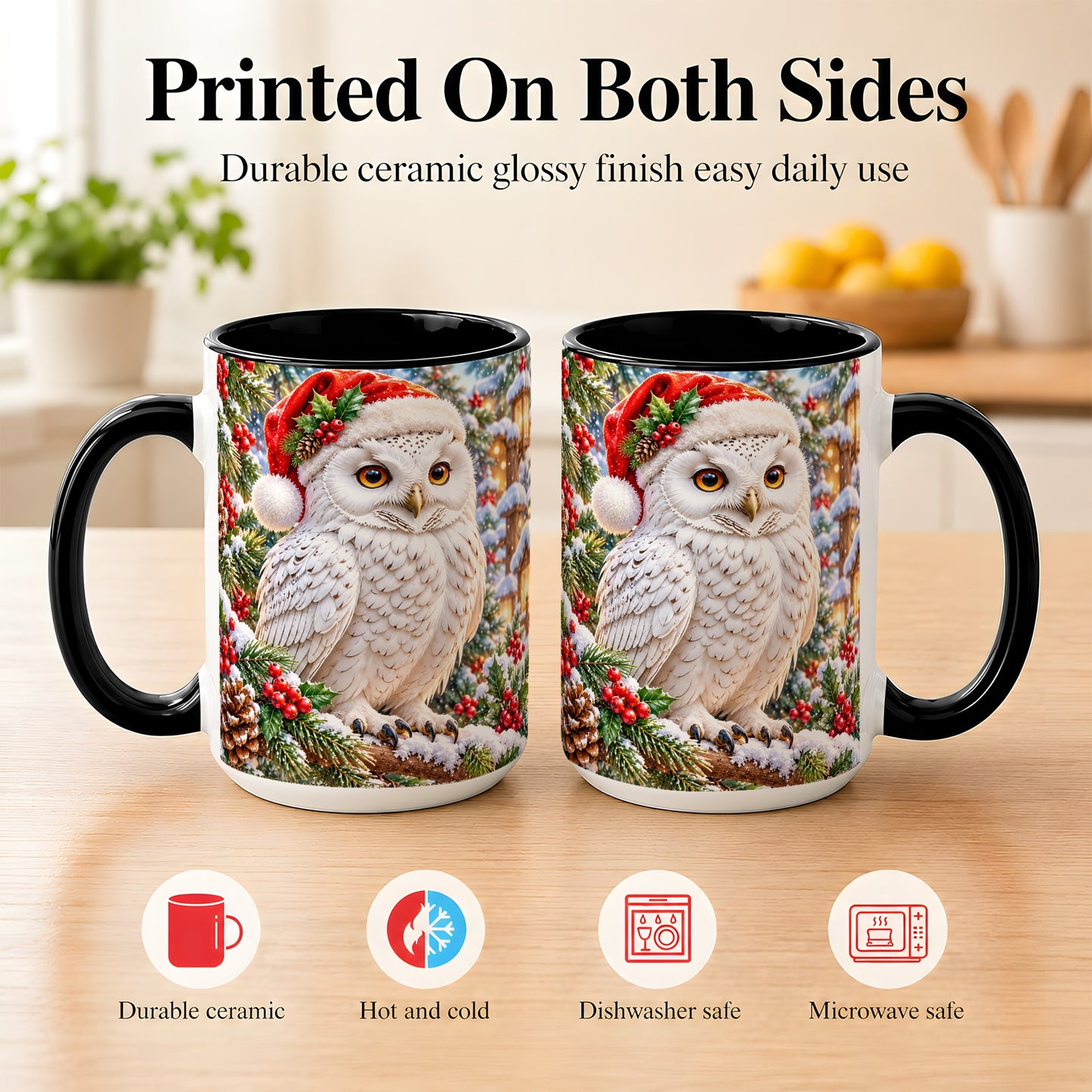#pl[15oz|Black] Snowy Village Owl Coffee Mug, Christmas Owl Mug, Ceramic Cup