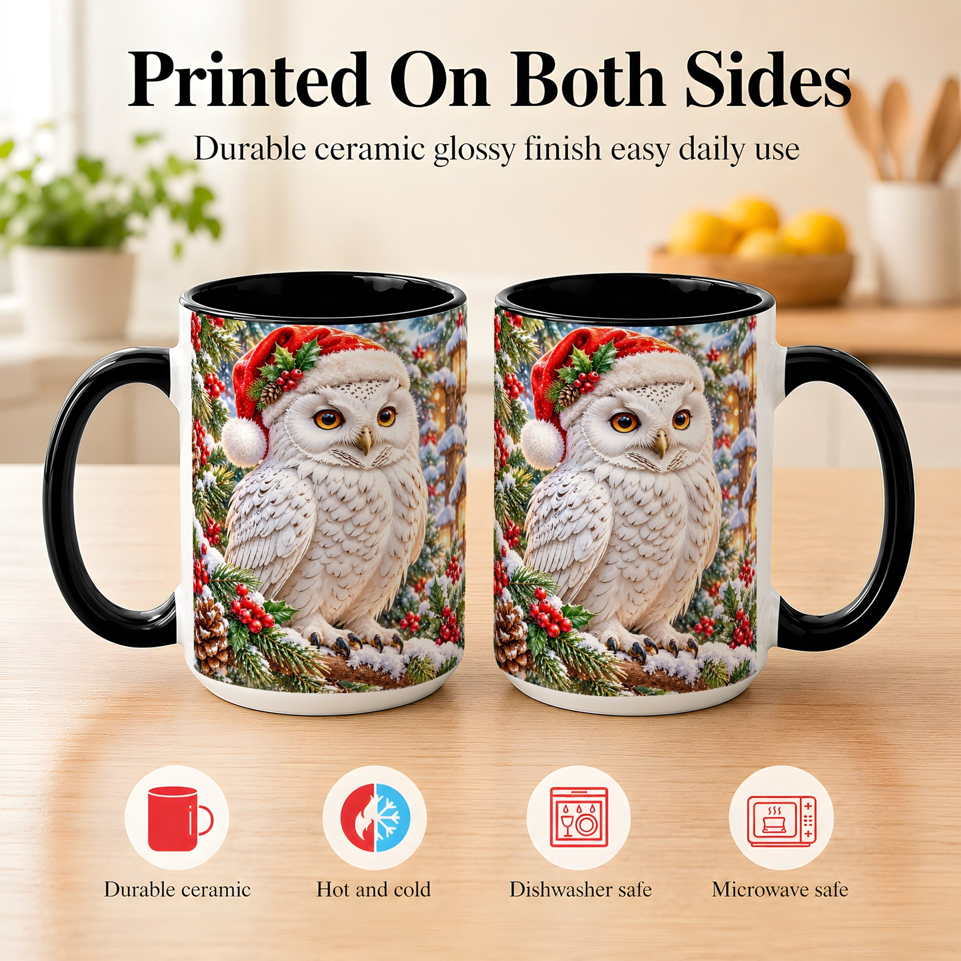 #pl[15oz|Black] Snowy Village Owl Coffee Mug, Christmas Owl Mug, Ceramic Cup