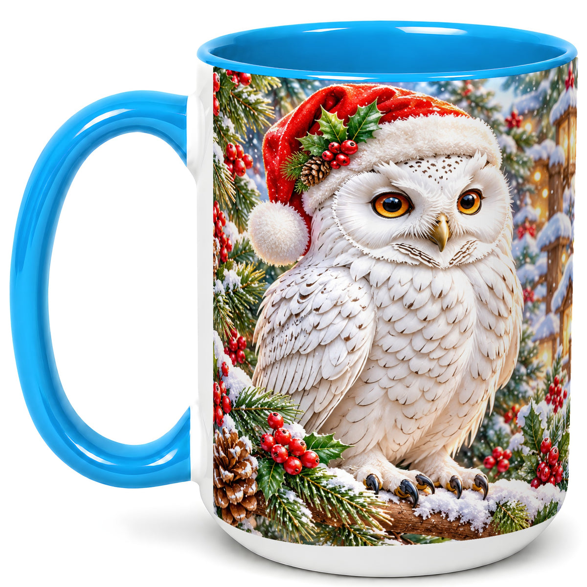#pl[15oz|Blue] Snowy Village Owl Coffee Mug, Christmas Owl Mug, Ceramic Cup