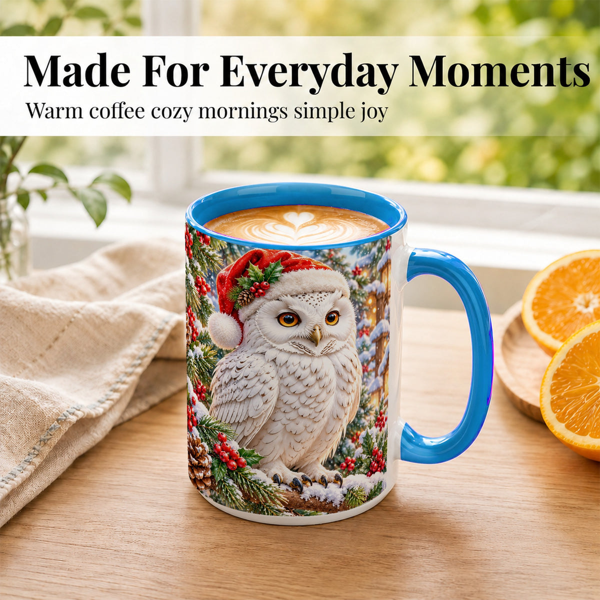 #pl[15oz|Blue] Snowy Village Owl Coffee Mug, Christmas Owl Mug, Ceramic Cup