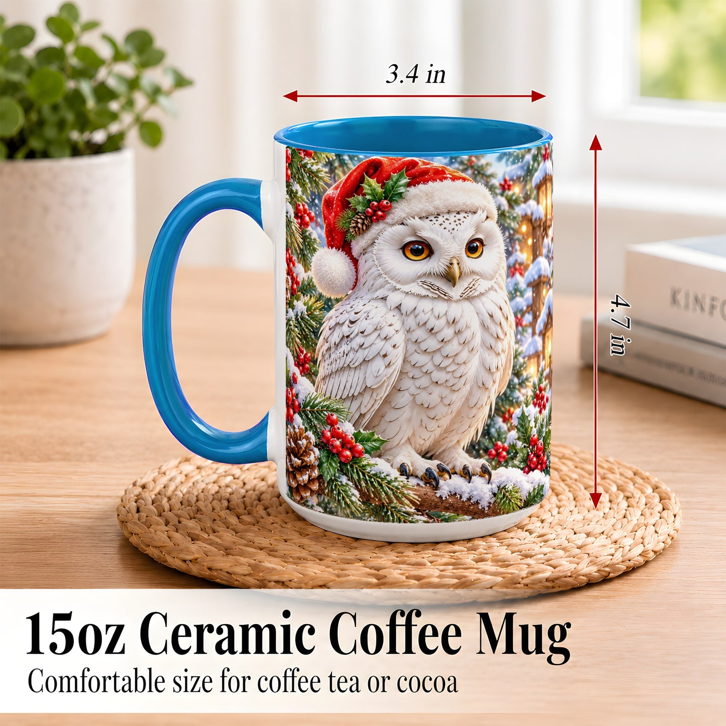 #pl[15oz|Blue] Snowy Village Owl Coffee Mug, Christmas Owl Mug, Ceramic Cup