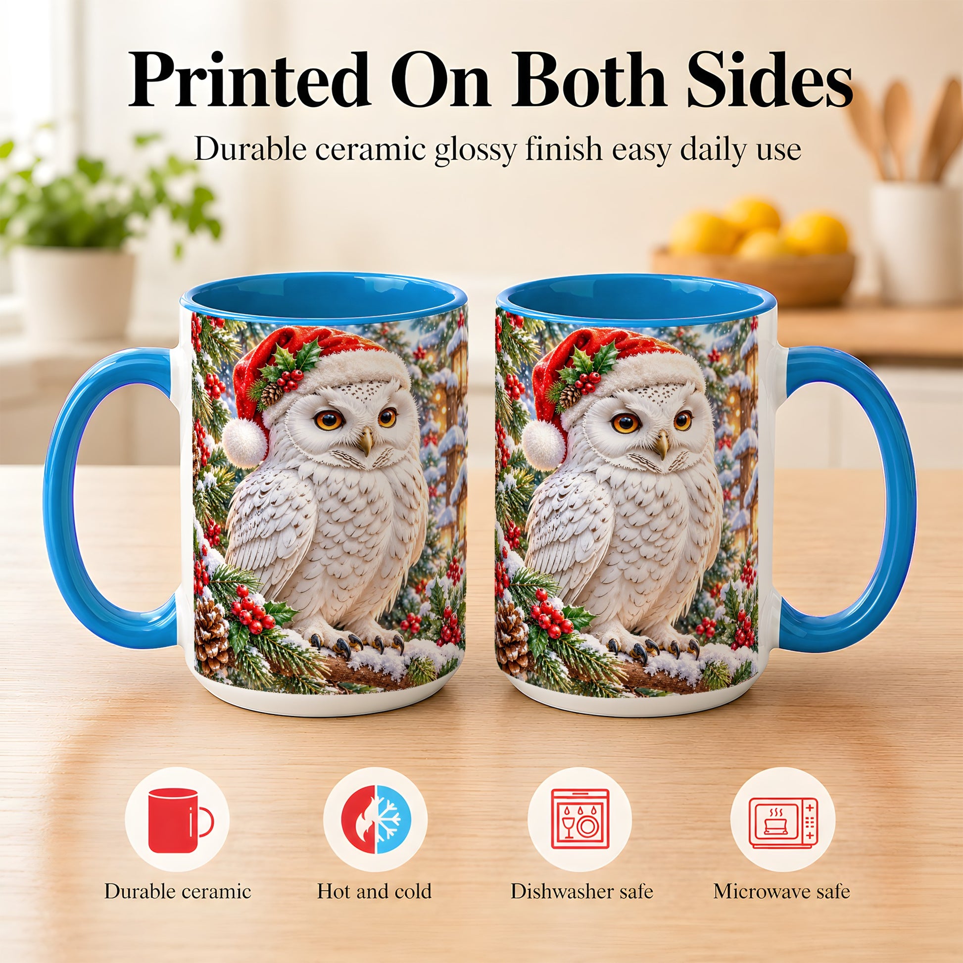 #pl[15oz|Blue] Snowy Village Owl Coffee Mug, Christmas Owl Mug, Ceramic Cup