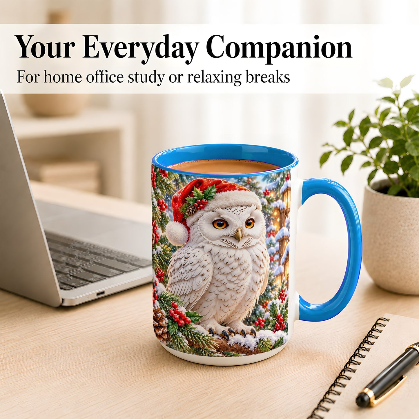 #pl[15oz|Blue] Snowy Village Owl Coffee Mug, Christmas Owl Mug, Ceramic Cup