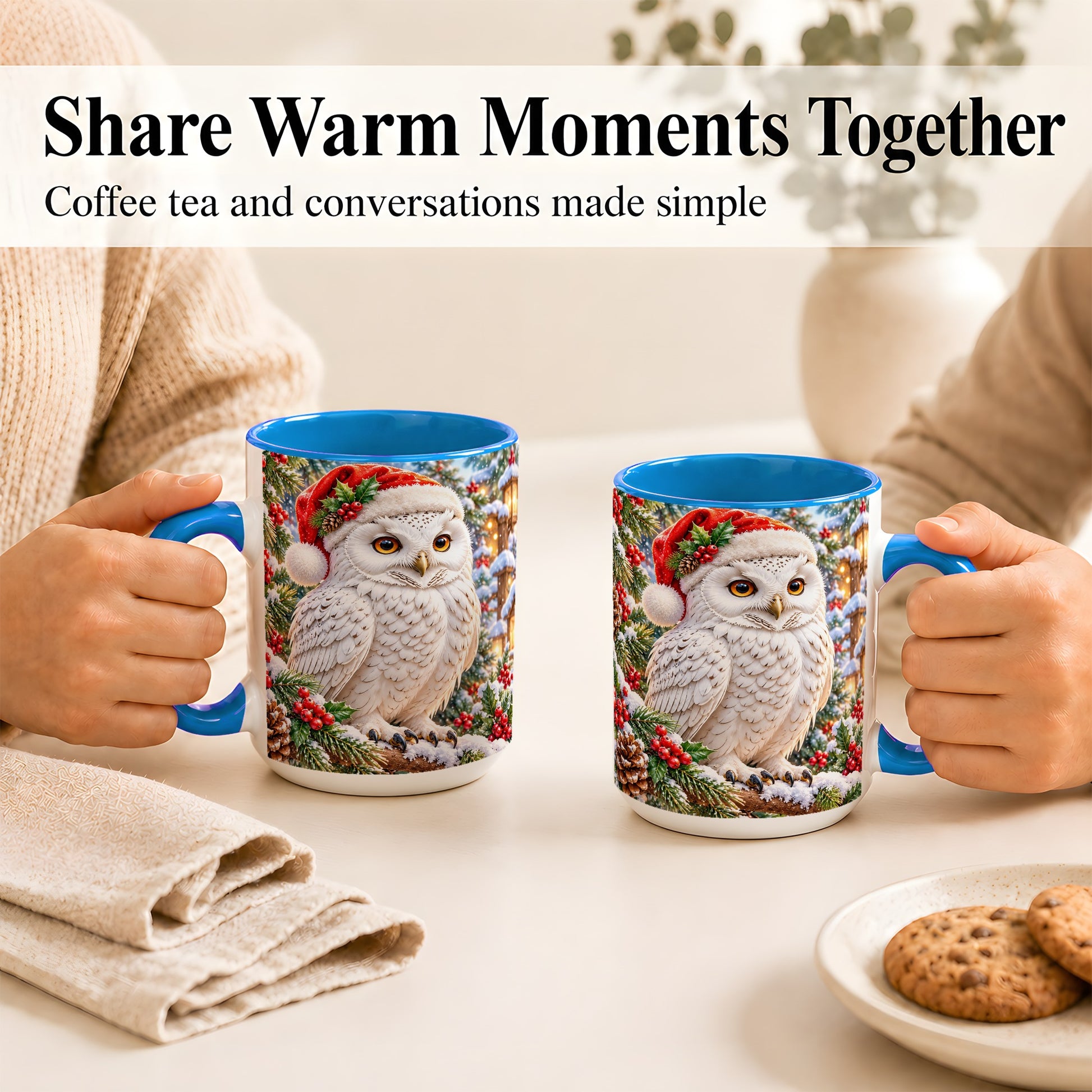 #pl[15oz|Blue] Snowy Village Owl Coffee Mug, Christmas Owl Mug, Ceramic Cup