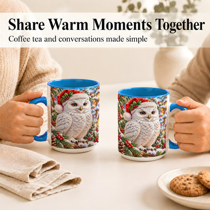 #pl[15oz|Blue] Snowy Village Owl Coffee Mug, Christmas Owl Mug, Ceramic Cup