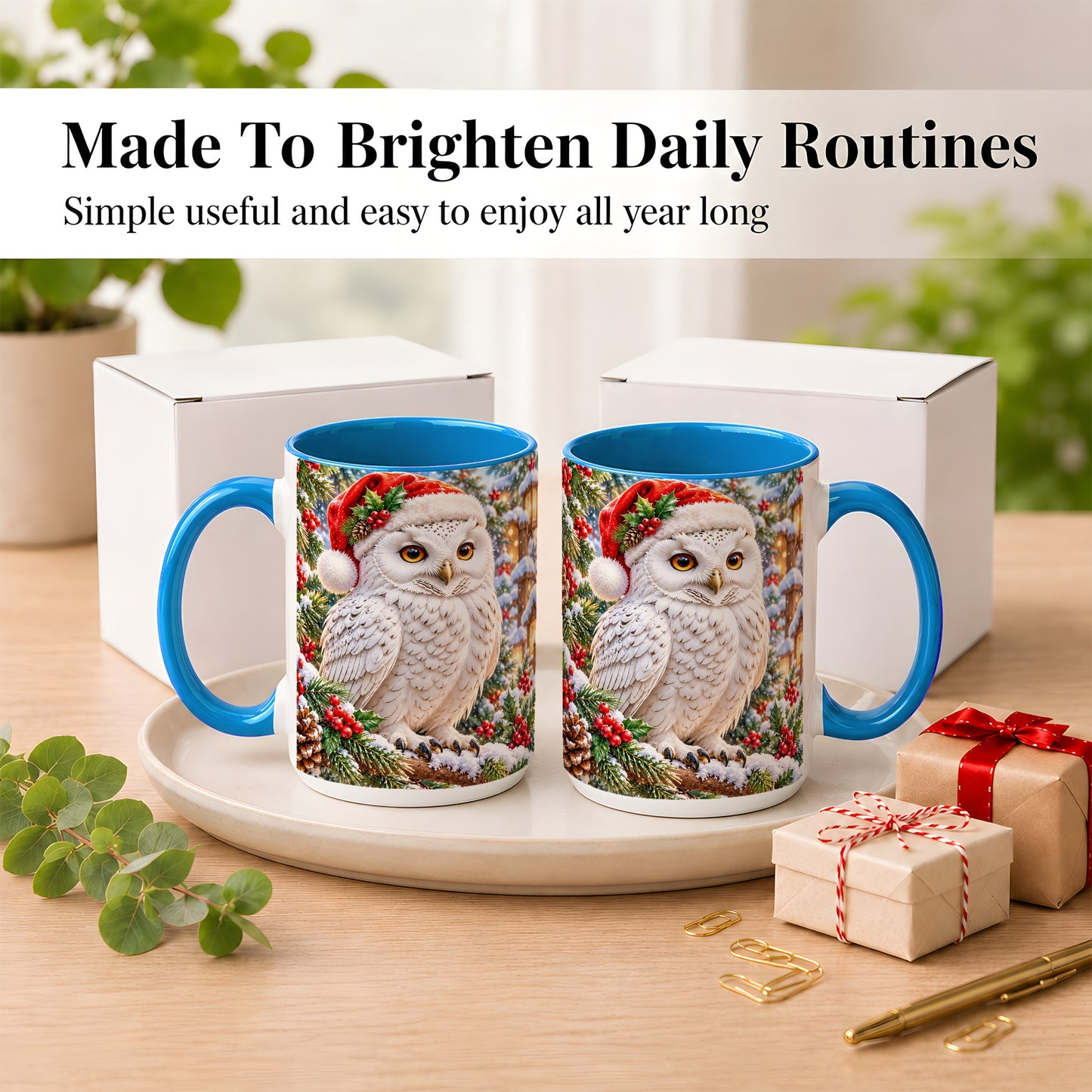 #pl[15oz|Blue] Snowy Village Owl Coffee Mug, Christmas Owl Mug, Ceramic Cup