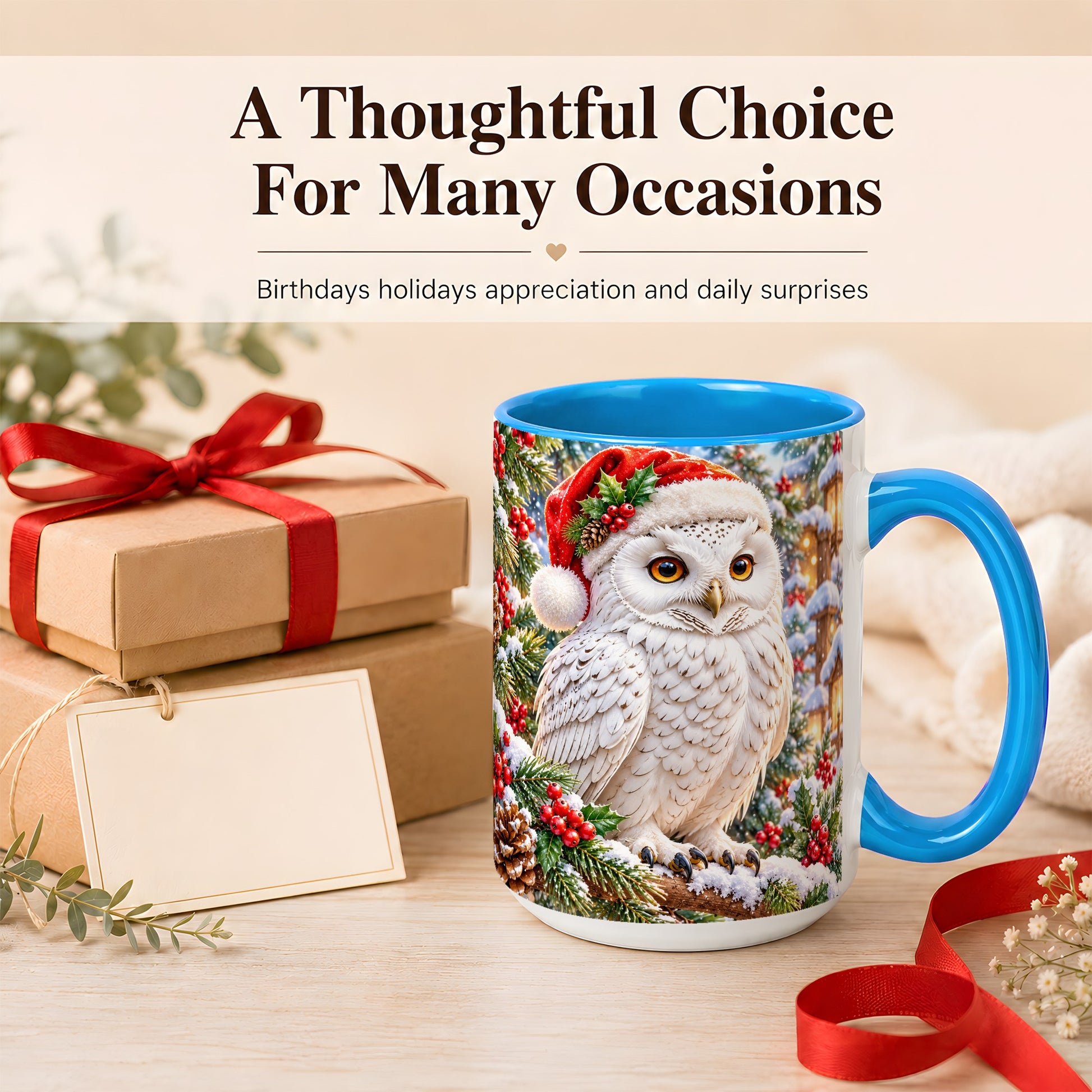 #pl[15oz|Blue] Snowy Village Owl Coffee Mug, Christmas Owl Mug, Ceramic Cup