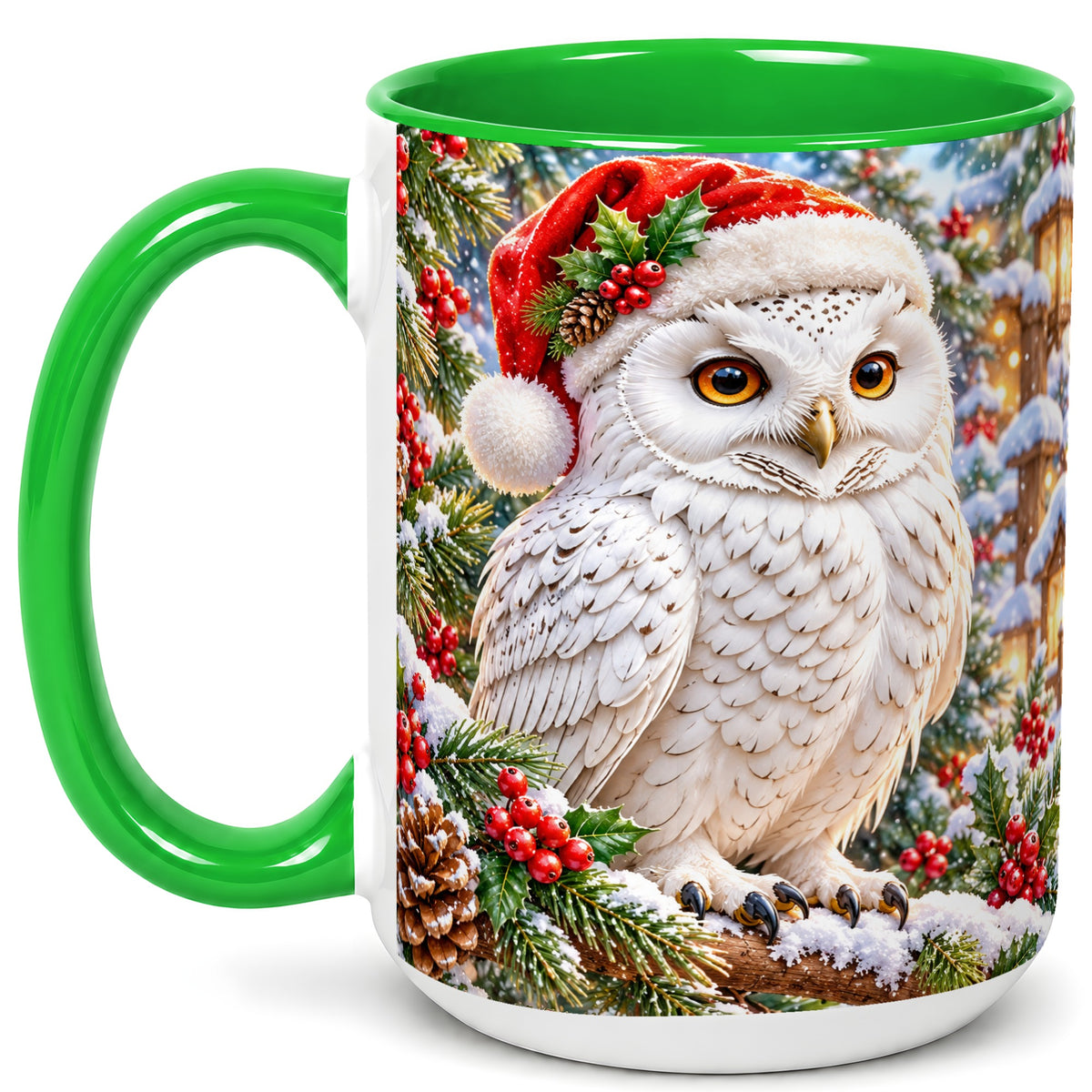 #pl[15oz|Green] Snowy Village Owl Coffee Mug, Christmas Owl Mug, Ceramic Cup