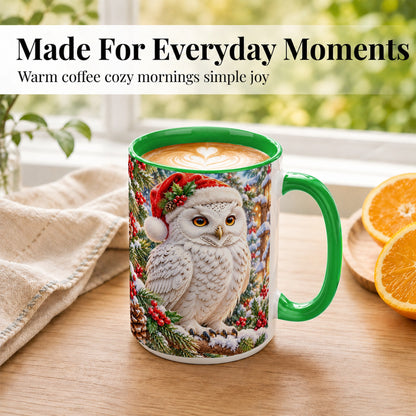 #pl[15oz|Green] Snowy Village Owl Coffee Mug, Christmas Owl Mug, Ceramic Cup