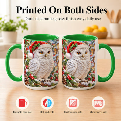 #pl[15oz|Green] Snowy Village Owl Coffee Mug, Christmas Owl Mug, Ceramic Cup