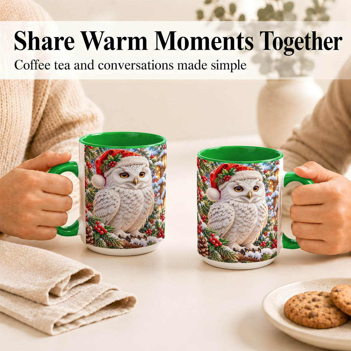 #pl[15oz|Green] Snowy Village Owl Coffee Mug, Christmas Owl Mug, Ceramic Cup