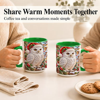 #pl[15oz|Green] Snowy Village Owl Coffee Mug, Christmas Owl Mug, Ceramic Cup