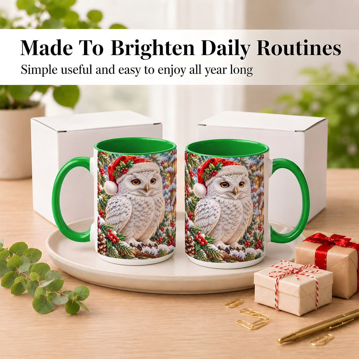 #pl[15oz|Green] Snowy Village Owl Coffee Mug, Christmas Owl Mug, Ceramic Cup