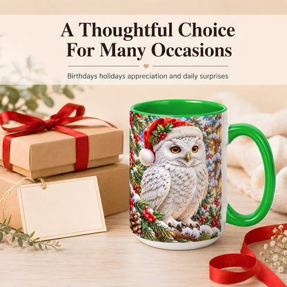#pl[15oz|Green] Snowy Village Owl Coffee Mug, Christmas Owl Mug, Ceramic Cup
